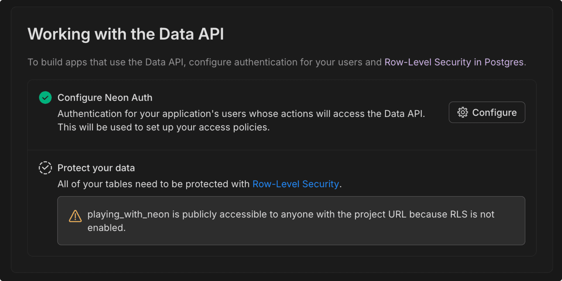 configuration section of Data API