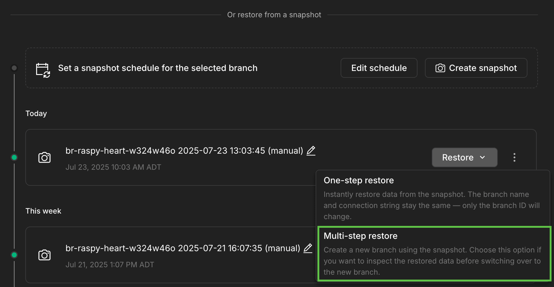 Multi-step restore option