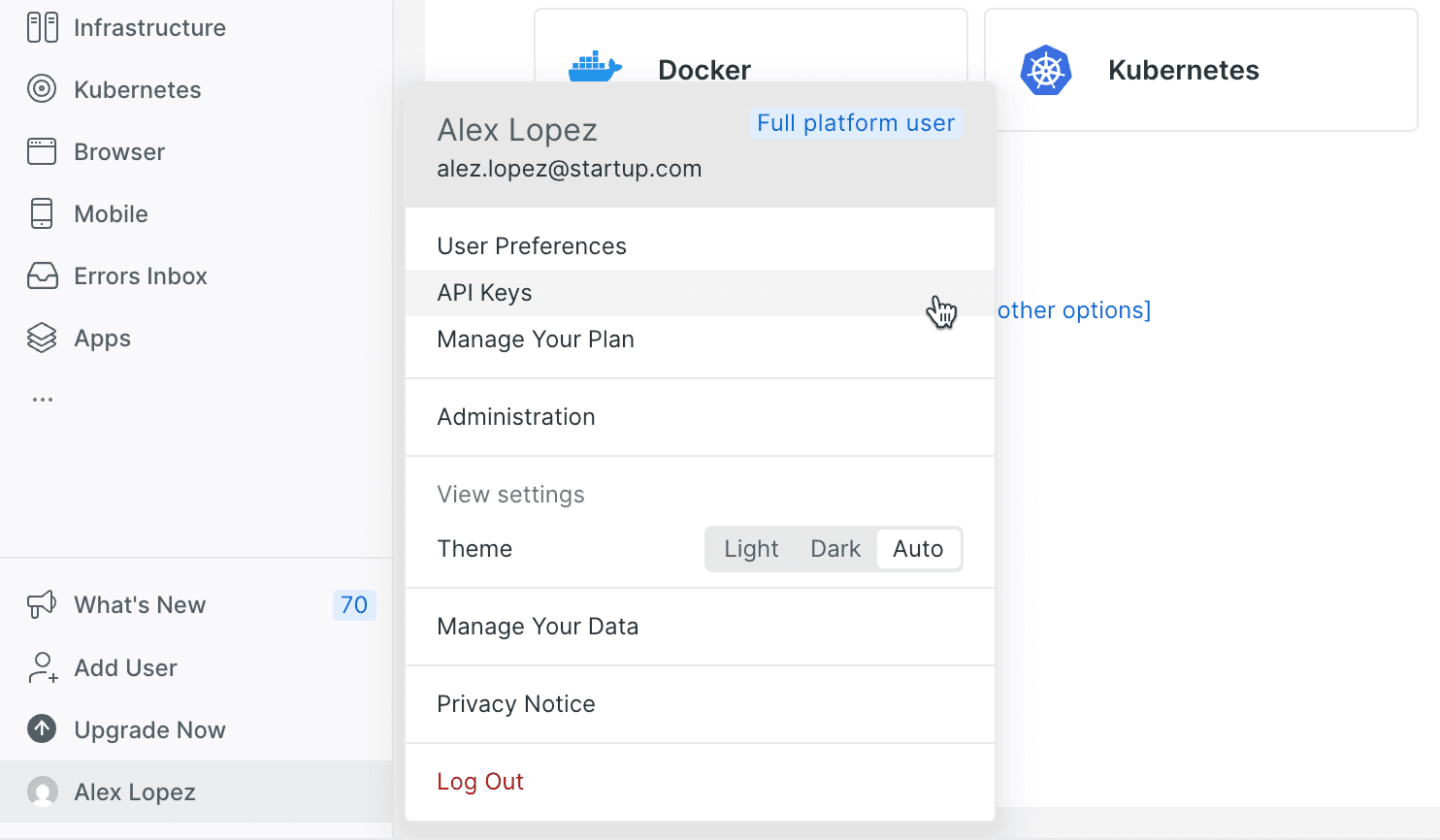 New Relic profile menu showing API Keys option